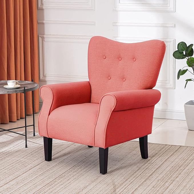 YOLENY Modern Accent Chair,High Back Armchair,Upholstered Fabric Button Single Sofa with Wooden Legs for Living Room,Bedroom,Club,Red