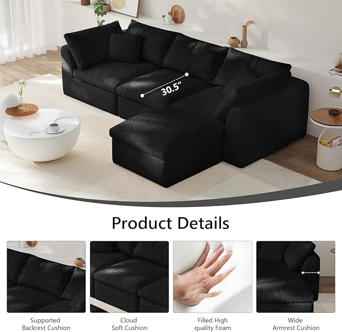 108" Modular Sectional Sofa Boneless Cloud Couch for Living Room, L Shape Deep Seat recliner sofa with Ottoman, Adjustable Backrest & 2 Throw Pillows - Covers Washable, (Black, 3 Seater+1 Ottoman)