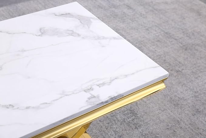 Modern Faux Marble End Table, Faux Marble Side Table with Geometric Frame, Rectangular Marble Center Table Tea Table Accent Furniture for Living Room, Simple Assembly (Gold)
