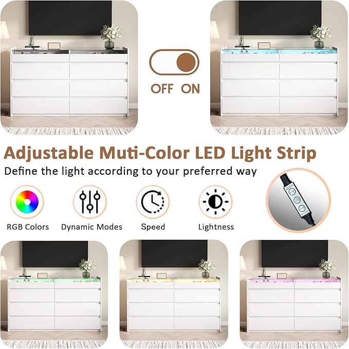 LIVAUVEAD White 8 Drawer Dresser for Bedroom with LED Light, Modern Dresser Chest of Drawers with Hidden Handles and Glass Top, Dressers Organizer for Bedroom, Closet, Living Room