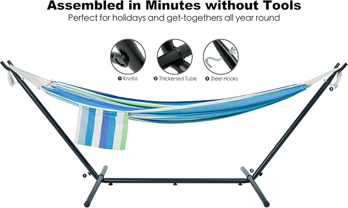 GAFETE Double Hammock with Stand for Outside, Upgraded Spreader Bar, Heavy Duty Space Saving Steel Stand 2 Person, Convenient Pockets, Easy Assembly, 600lbs Weight Capacity, Indoor & Outdoor (Lagoon) - Image 6
