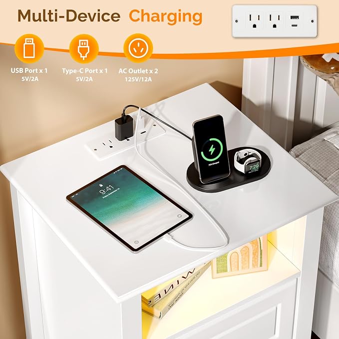 Bonnlo White Nightstand Set of 2 with Charging Station & Led Lights Night Stands White Bedside Table, Wooden Nightstands with Drawers, Modern Nightstand for Bedroom, 15.75" W*13.78" D*23.62" H - Image 5