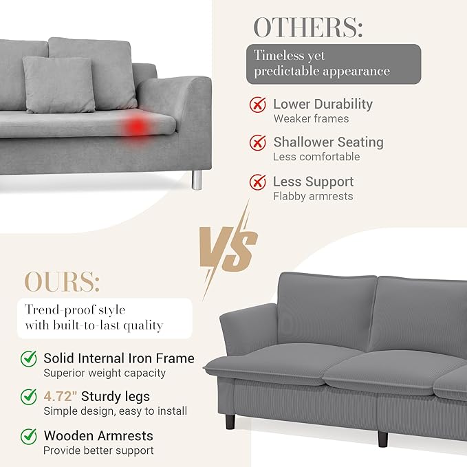 3 Seater Corduroy Couch, 89" Comfy Couch with Deep Seat, Modern Sofa Couch for Living Room, Office, Bedroom, Apartment (Pillows not Included) | Breathable material, Pet - friendly, Strong support