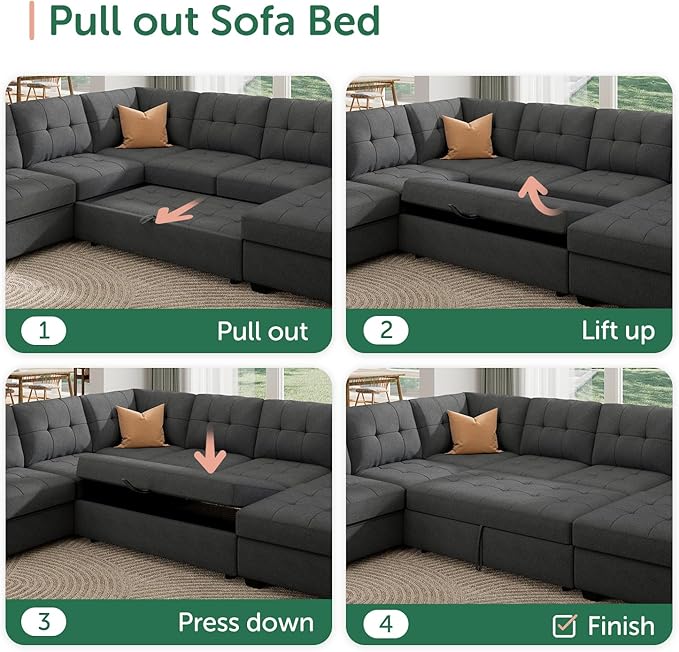 HONBAY Sectional Sleeper Sofa Pull Out Bed with Storage Chaise, Sleeper Sectional Sofa Couch, Sectional Sleeper Bed for Living Room, Dark Grey