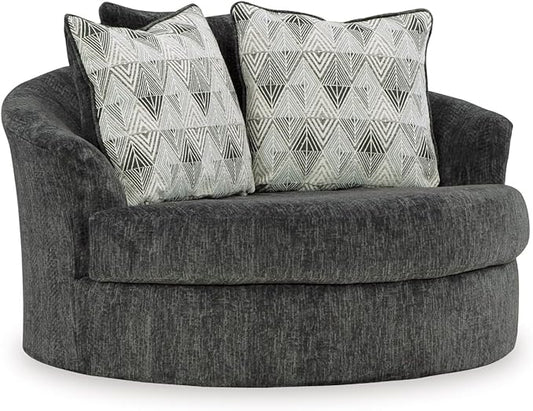 Signature Design by Ashley Biddeford Transitional Upholstered Oversized Swivel Accent Chair with 3 Accent Pillows, Black