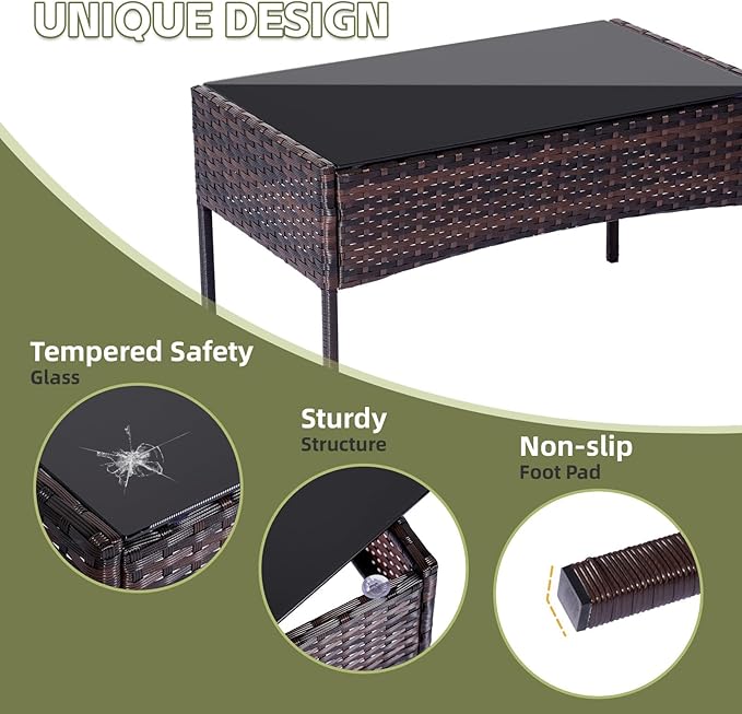 Patio Furniture Set 4 Pieces, Outdoor Rattan Furniture with Tempered Glass Coffee Table, Modern Rattan Patio Chairs Conversation Sets with Sofa for Garden, Terrace, Porch, Lawns Brown/Blue