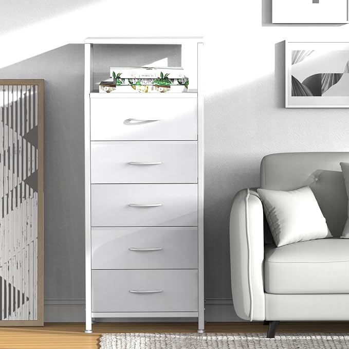 White Dresser for Bedroom, Storage Organizer with 5 Drawers, Vertical Fabric Storage Stand, Nightstand Bedside Table, Sturdy Steel Frame & Wooden Top - Image 4