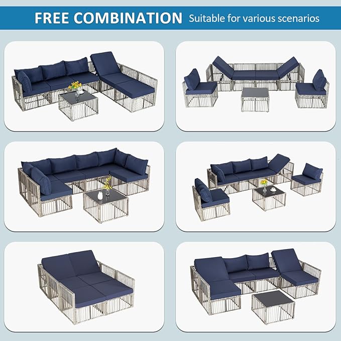 FHFO 7 Pieces Outdoor Patio Furniture Set, Wicker Outdoor Sectional Conversation Couch Set with Adjustable Backrest Sofa, Thick Cushion & Coffee Table for Garden, Porch, Poolside, Grey/Blue