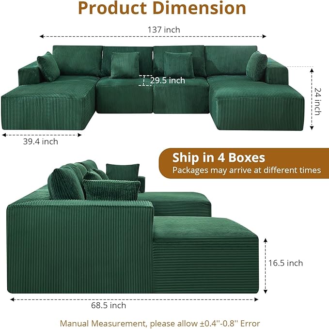 Cloud Boneless Couch 137" Modern Sectional U-Shaped Comfy No Assembly Required Convertible Compression Sleeper Modular Sofa with Corduroy Fabric Deep Seat Single + Chaise for Living Room