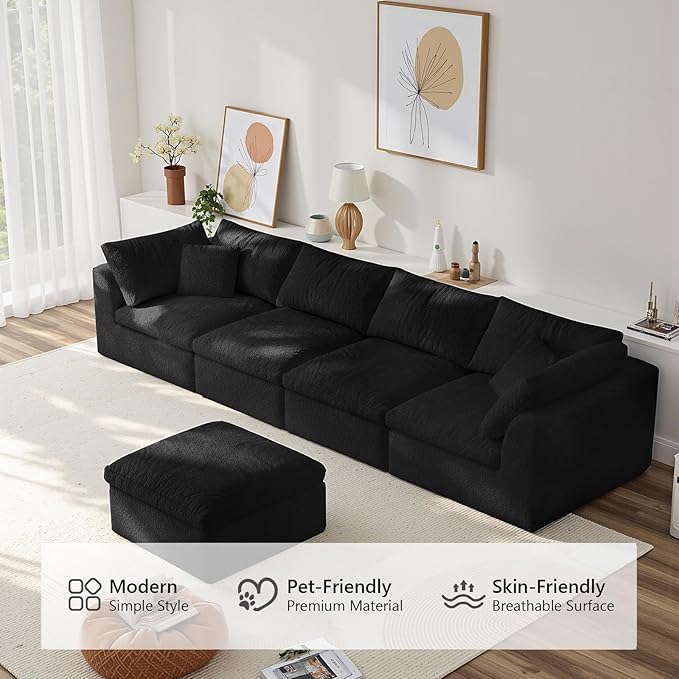 138" Modular Sectional Sofa Boneless Cloud Couch for Living Room, L Shape Deep Seat Recliner Sofa with Ottoman, Adjustable Backrest & 2 Throw Pillows - Covers Washable, (Black, 4 Seater+1 Ottoman)