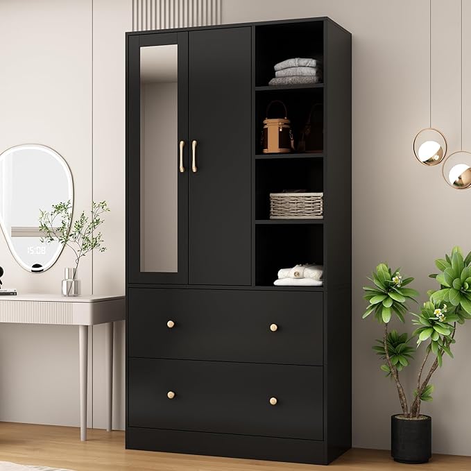 Hitow Wardrobe Armoire Closet with Mirror, 2 Door Wardrobe Cabinet with 2 Drawers & Extendable Hanging Rod, Bedroom Armoire Cabinet Clothes Organizer, Type A Black (35.5" W x 15.8" D x 70.8" H)