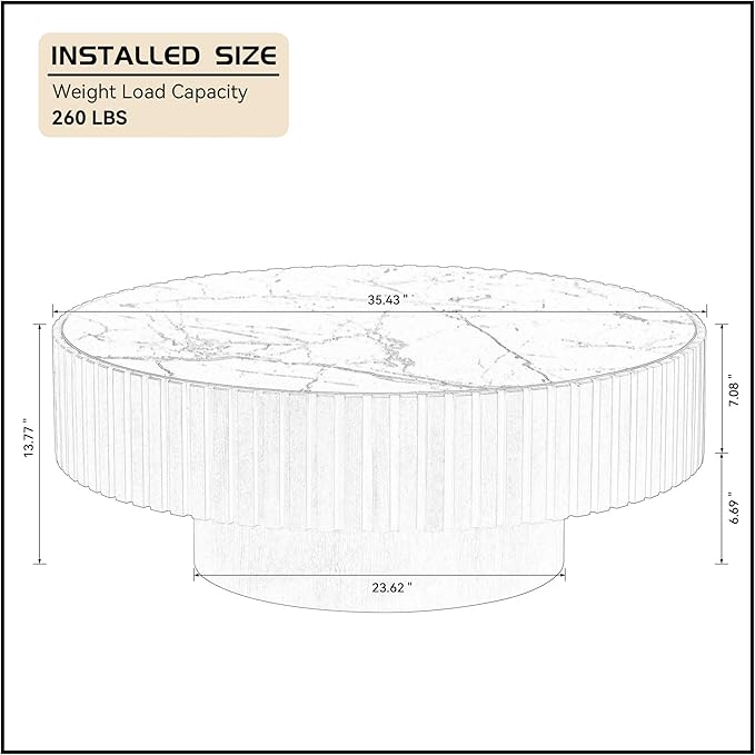 WILLIAMSPACE 35.43" Round Coffee Table with Sintered Stone Tabletop, Modern Farmhouse Wood Circle Drum Center Table for Living Room, Accent Side End Table for Apartment, 13.77" H (Oak+White)