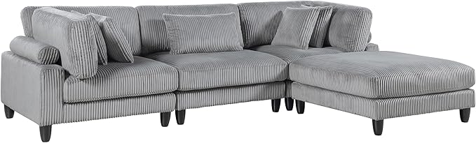 Lexicon 120 Inch Modular Sectional Sofa - Oversized 4 Seater Corduroy L Shaped Sectional Couch with Ottoman, 5 Accent Pillows, and Flexible Arrangement for Modern Living Rooms, Gray