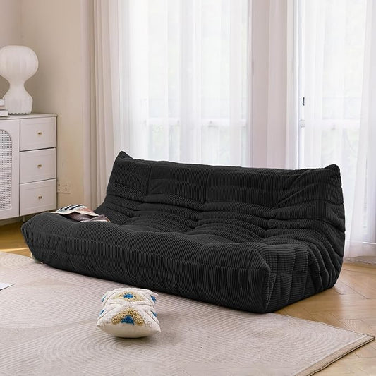 N&V Fireside Three Seater Sofa, Mid Century Armless Twin Size Floor Lounge Chair, Soft Premium Corduroy, Foam Accent Chair for Living Room, Bedroom (Black)