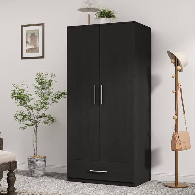 Hitow Wardrobe Armoire Closet with 2 Doors, Freestanding Wardrobe Cabinet with Drawer & Hanging Rod, Bedroom Armoire Clothes Organizer, Type C Black (31.5" W x 18.9" D x 66.9" H)