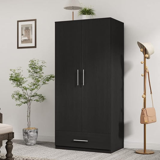Hitow Wardrobe Armoire Closet with 2 Doors, Freestanding Wardrobe Cabinet with Drawer & Hanging Rod, Bedroom Armoire Clothes Organizer, Type C Black (31.5" W x 18.9" D x 66.9" H)