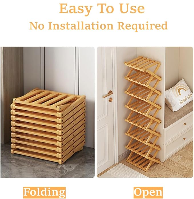 Foldable Shoe Rack, Bamboo Vertical Shoe Organizer Tall for Small Spaces. Multifunctional Narrow Shoe Shelf for Entryway, Closet, Corner, Bedroom, Hallway, Wood Color 6 Layers - Image 5