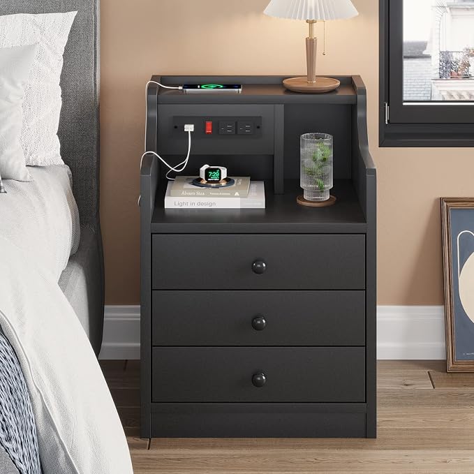 ADORNEVE Nightstand with Charging Station,Black Night Stand for Bedroom,End Table with Hutch & Storage Drawers by ADORNEVE