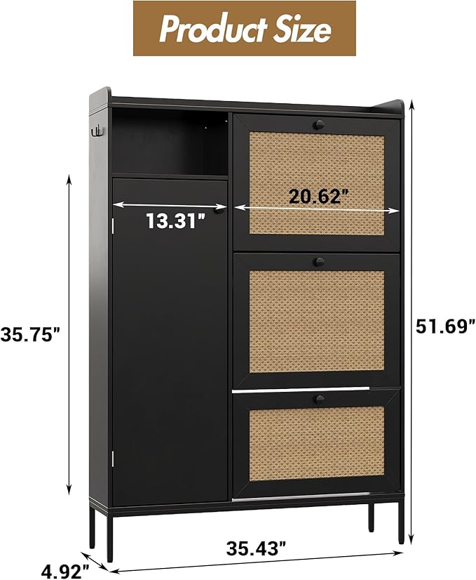GarveeLife 3-Tier Rattan Shoe Cabinet with Flip Drawers, Adjustable Shelves and Narrow Storage Design, Perfect for Entryways, Hallways, and Bedroom Organization in Wood