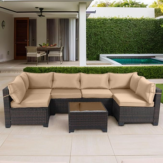 CHABATREE 7 Pieces Outdoor Patio Furniture Sets,Rattan Conversation Sectional Set,Manual Weaving Wicker Patio Sofa with Tea Table