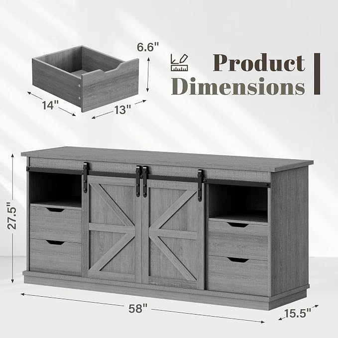 YESHOMY Farmhouse TV Stand for Televisions up to 65 Inch, Wood Entertainment Center with Sliding Barn Doors and 4 Storage Drawers, 58’’ Media Console Cabinet with Shelves for Living Room, Gray - Image 2