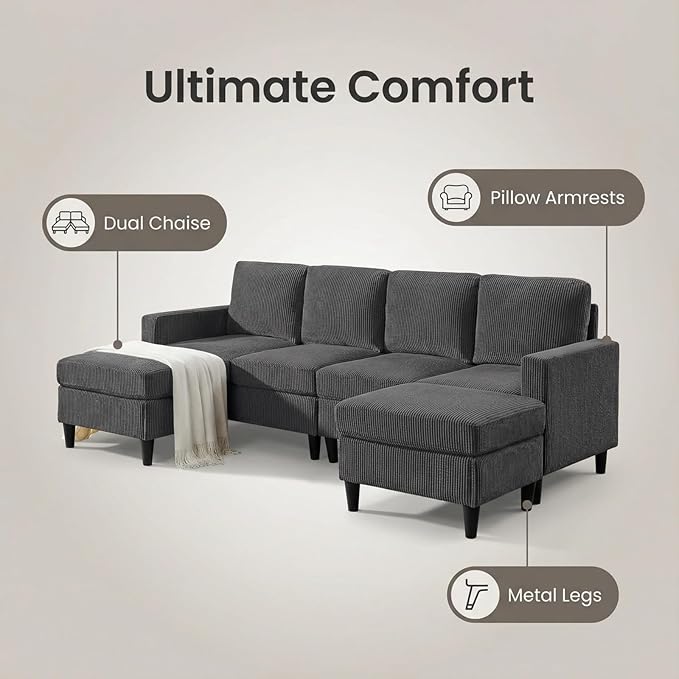 101" L-Shape Modular Sectional Couch, Convertible Corduroy Couch with 2 Ottomans, Modern 4 Seater Upholstered Modular Sectional Sofa for Apartment, Living Room, Dark Gray