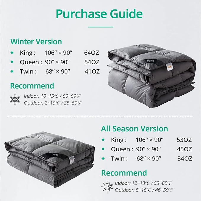 Topllen Down Feather Comforter Queen Size, All Season Duvet Insert, 100% Cotton Shell, Soft and Breathable Bedding with 8 Corner Tabs (90 x 90, Grey)