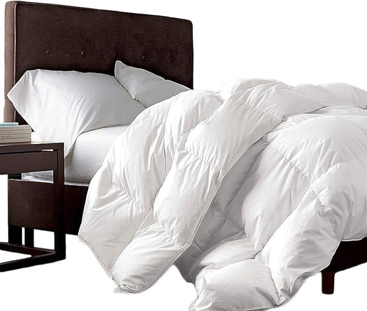 Luxurious Twin/Twin XL Size Goose Down Fiber Waterfowl Feather Fiber Comforter Duvet, 100% Egyptian Cotton Cover, 50 oz. Fill Weight, Baffle Box Design, White Solid