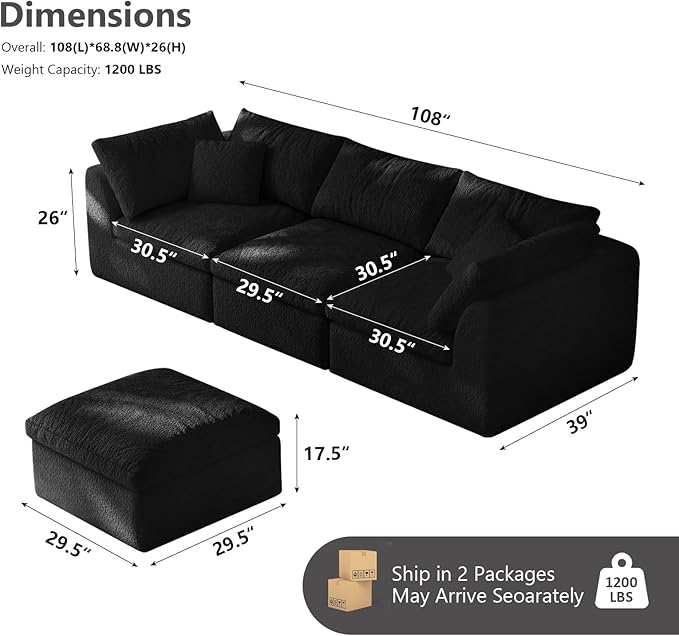 108" Modular Sectional Sofa Boneless Cloud Couch for Living Room, L Shape Deep Seat recliner sofa with Ottoman, Adjustable Backrest & 2 Throw Pillows - Covers Washable, (Black, 3 Seater+1 Ottoman)
