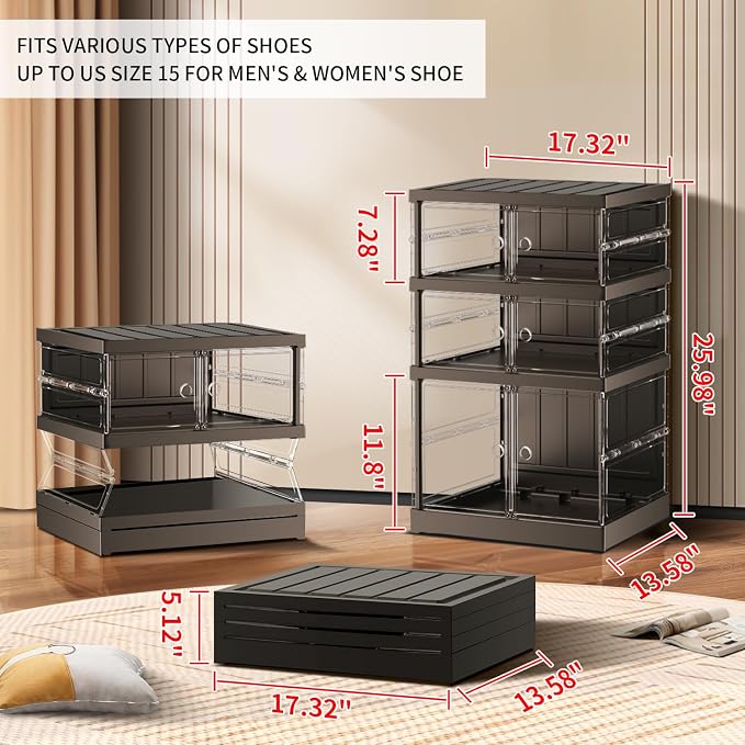 CIMLORD 3 Tier Foldable Shoe Rack for Closet Entryway 3-6 Pairs Stackable Clear Shoe Storage Boxes with Lids Small Shoes Shelf with Door Plastic Organizer Cabinet Easy Assembly Black - Image 2