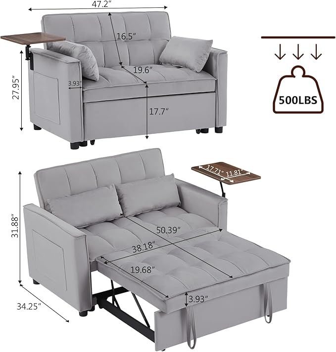 3 in 1 Sleeper Sofa Couch Bed, Pull Out Loveseat with Storage, Full Size Velvet Convertible Chair with 2 Pockets & 2 Pillows for Living Room, Grey