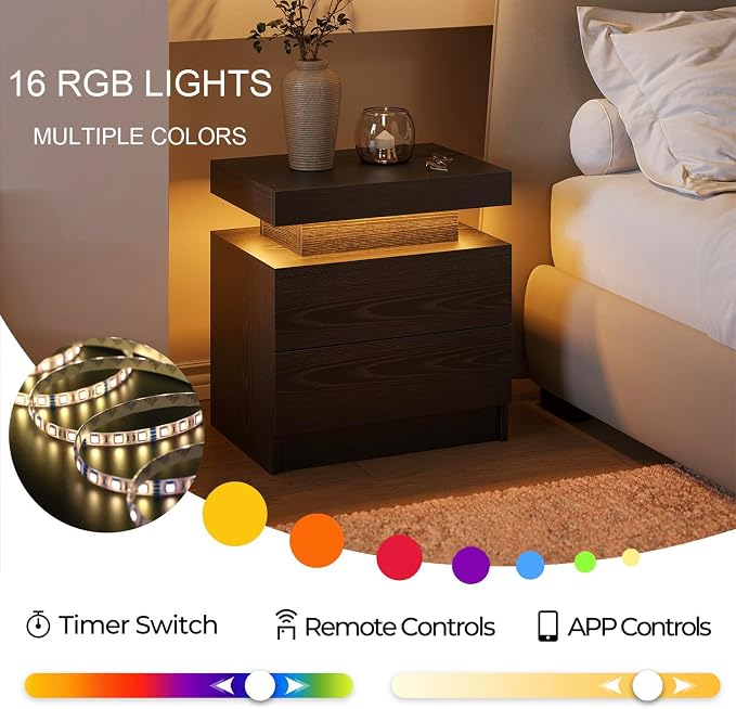 Cubehom Nightstands Set of 2, Bedside Tables with LED Lights, Night Stands with 2 Wood Drawers, End Tables Set of 2 for Living Room/Bedroom - Image 6