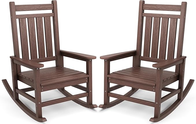 SERWALL Oversized Outdoor Rocking Chair Set of 2, HDPE Rocker for Adults, Patio Rocking Chairs for Porch, Brown by SERWALL