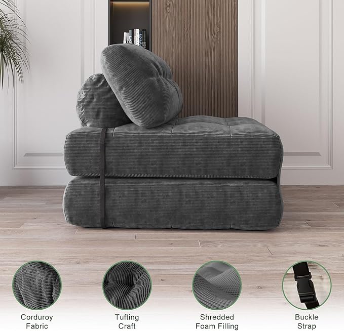 GarveeHome Folding Sofa Bed, Floor Folding Couch with Pillow, Futon Sofa Bed Convertible Sleeper Chair Foldable Mattress Back Support, Portable Fold Out Couch, Full, Corduroy, Dark Grey