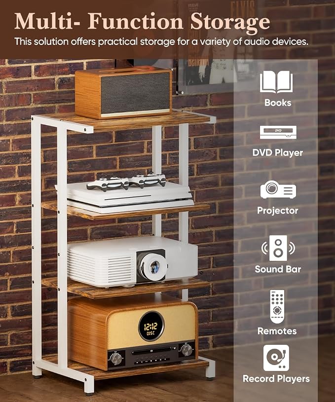4-Tier Media Storage Stand, Audio Media Rack for Living Room, Gaming Room, Music Studio, Wooden Game Console Shelf for TV Accessories/Audiovisual Equipment/Optical Disc/PS4, White - Image 6