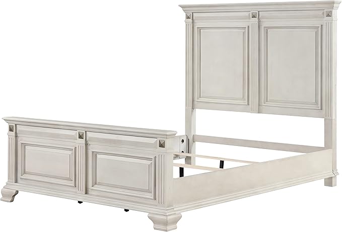 Roundhill Furniture Renova Distressed Parchment Wood Bedroom Set, Queen Panel Bed, Dresser, Mirror, Nightstand, Chest