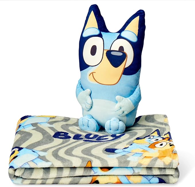 Bluey Throw & Plush Hugger Set, 50"x60" Silk Touch Blanket with 3D Character Pillow – Soft, Cozy Blanket for Kids and Toddlers