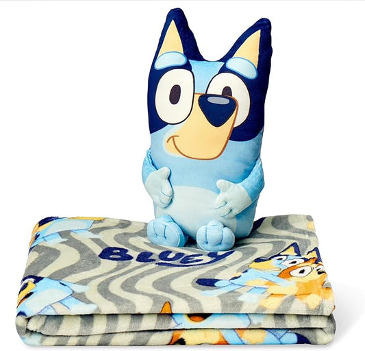 Bluey Throw & Plush Hugger Set, 50"x60" Silk Touch Blanket with 3D Character Pillow – Soft, Cozy Blanket for Kids and Toddlers