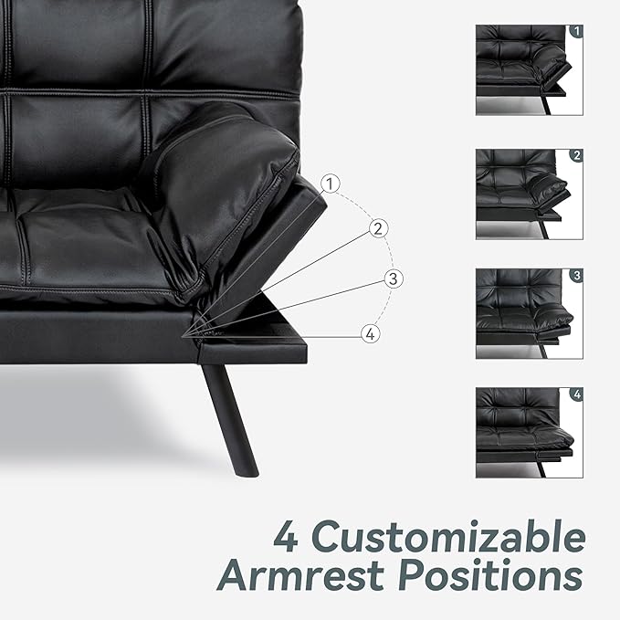 Futon Sofa Bed Convertible Couch, Black Faux Leather Sofa Bed with Memory Foam, Adjustable Backrest & Armrests, Multifunctional Small Loveseat Sleeper Sofa for Living Room, Apartment, Office