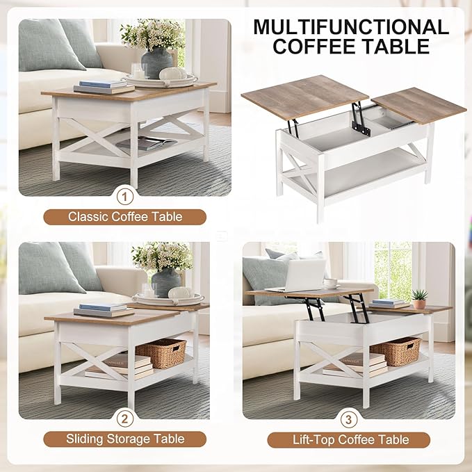 Lift Top Coffee Table with Storage, Small Coffee Table with Hidden Compartment, Dining Center Tables with Lifting Tabletop for Living Room, Home Office