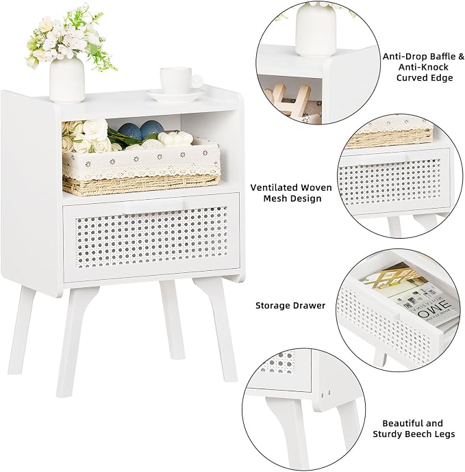 Lerliuo Rattan Nightstands Set of 2, Side Table with Drawer Open Shelf, Cane Accent Bedside End Table with Solid Wood Legs, Mid Century Modern Night Stand for Bedroom, Dorm and Small Spaces (White) - Image 8