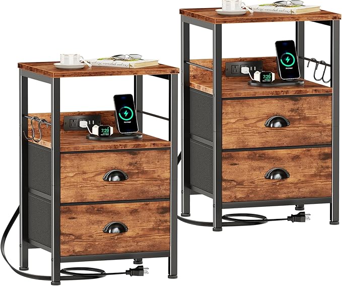 Furologee Nightstand Set of 2, Rustic Brown, with Charging Station and USB Ports, Side Tables with 2 Fabric Drawers, Bedside Tables with Storage Shelf & Hooks, for Living Room/Bedroom by Furologee