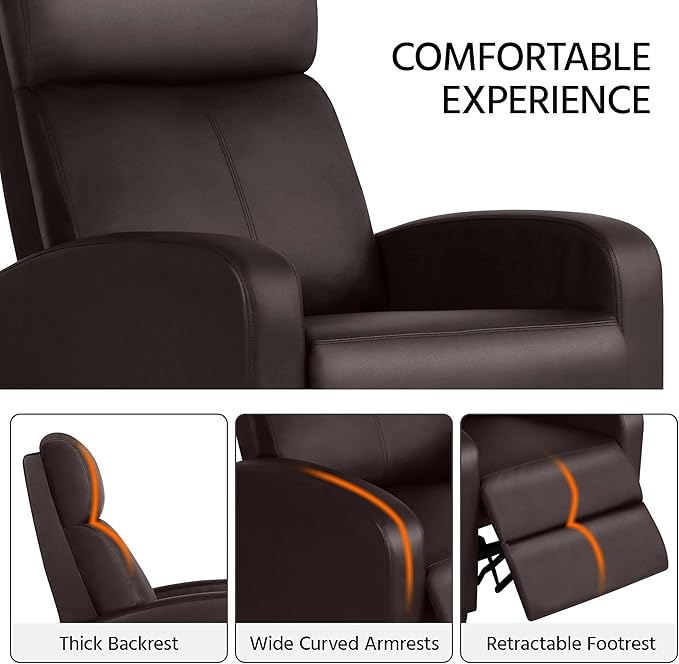 Topeakmart PU Leather Recliner Chair Living Room Single Sofa Home Theater Seating with Lumbar Support Overstuffed High-Density Sponge Manual Push Back Recliners Brown