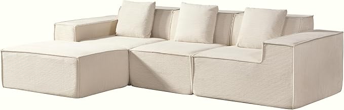 Rowan Convertible Corduroy Sectional Couch with Ottoman & Pillows, Modular L Shaped Sleeper Sofa, Boneless Cloud Couch for Living Room Furniture, Beige