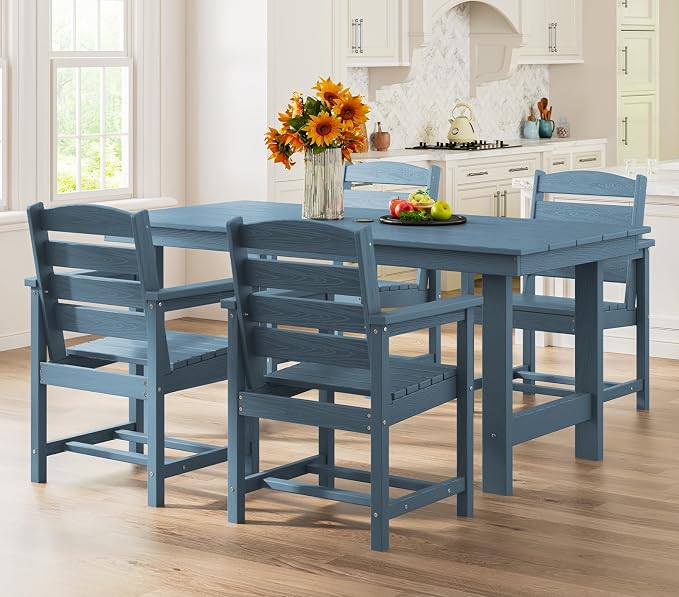SERWALL Patio Table Set, Outdoor HDPE Dining Furniture with Umbrella Hole, All Weather for Lawn, Garden, Backyard, Poolside, Blue | with Umbrella Hole, All Weather, for Lawn, for Garden, for Backyard, for Poolside - Image 9