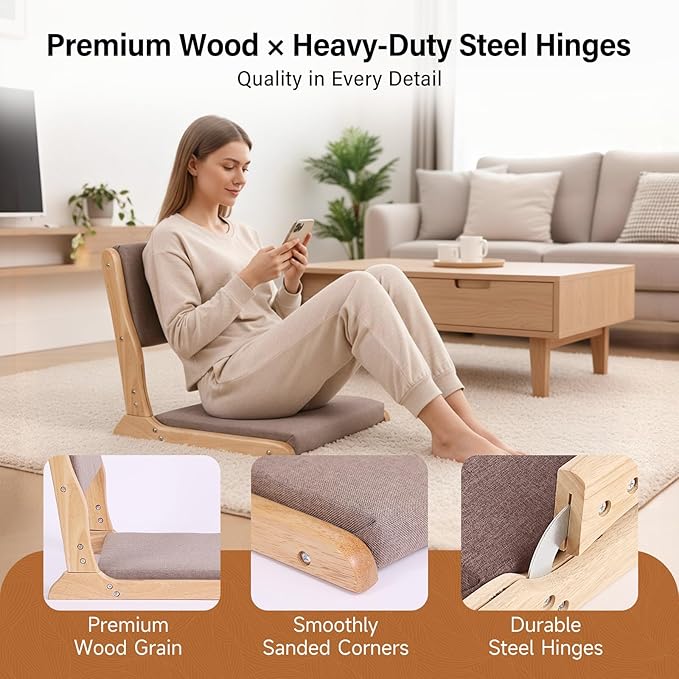 Tiita Floor Chair with Back Support, Foldable Meditation Tatami Chairs, Backrest Chair with Cushion, Living Room Chair Seat 4 Pack, Wood Grey