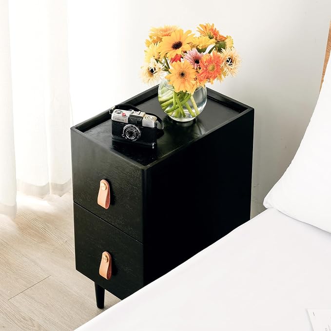 Narrow Nightstand, Solid Wood Night Stand, Mid Century Modern Side Table, 2 Drawers End Table, Small Bedside Tables for Bedroom, 9.84" W x 15.74" D x 21.65" H, Black - Image 4