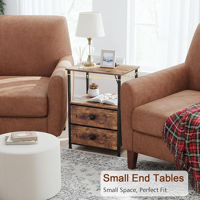 LOAKEKEL Night Stand Set 2, Nightstand with Charging Station, End Tables with Storage Shelf for Small Spaces, Bedside Table Side Tables with 2 Fabric Drawers for Bedroom, Rustic Brown, HETS020PBR - Image 6