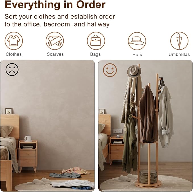 Muwuele Solid Wood Rotary Coat Rack, Freestanding Coat Rack with 3 Shelves and 9 Hooks, Coat tree for Bedroom, Entryway, Livingroom, Coat Hanger Stand for Coats, Scarves, Handbags (Natural) - Image 6
