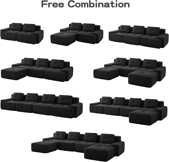 Casaphoria 150'' Black Corduroy Cloud Couch, 4-Seater Boneless Sectional Sofa with 4 Pillows for Living Room, Deep Seat Sofa, No Assembly Required